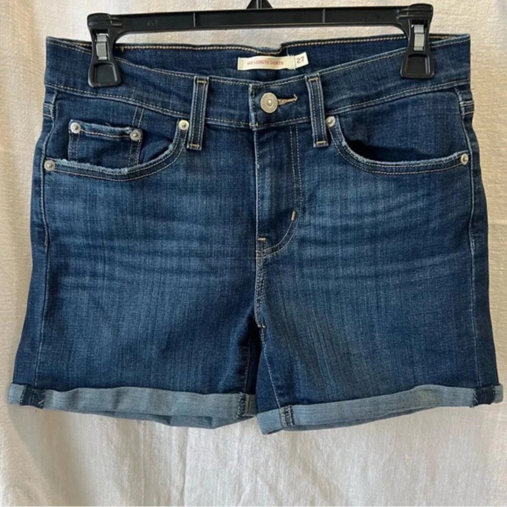 LEVI’S Dark Wash Mid Length Mid Rise Rolled Hemmed Denim Jean Shorts Siz…